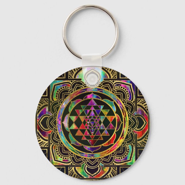 Colorful Gold framed Sri Yantra Sri Chakra Keychain (Front)