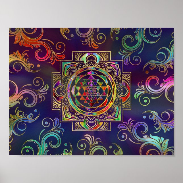 Colorful Gold framed Sri Yantra Sri Chakra Poster (Front)