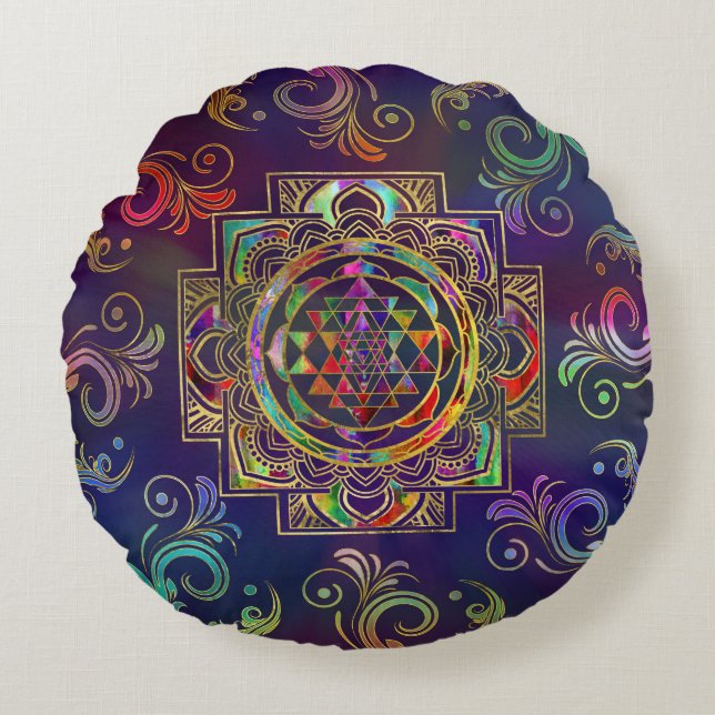 Colorful Gold framed Sri Yantra Sri Chakra Round Pillow (Front)