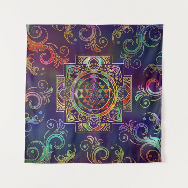 Colorful Gold framed Sri Yantra Sri Chakra Tapestry (Front)