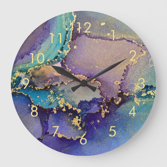 Colorful Gold Marbled Abstract Liquid Art Large Clock (Front)