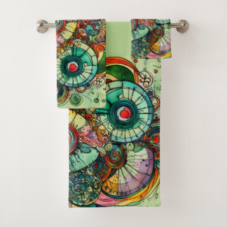 Colorful Green Abstract Doodle Art Towel set