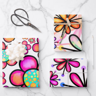 Colorful Groovy 70's Doodle Flowers Pattern Wrapping Paper Sheet