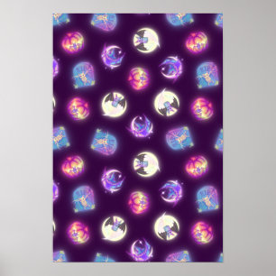 Colorful Halloween Cute Bats Drawing Pattern Poster