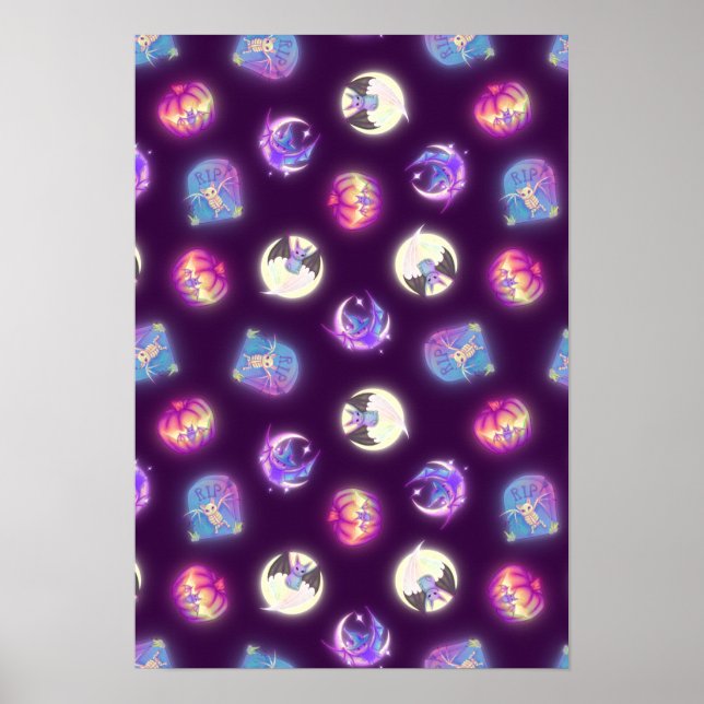 Colorful Halloween Cute Bats Drawing Pattern Poster (Front)