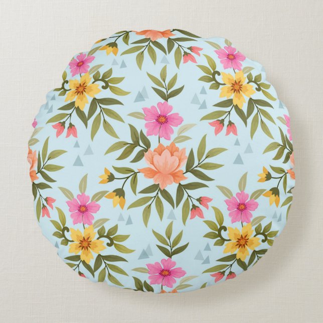 Colorful Hand Draw Flowers Round Pillow (Front)