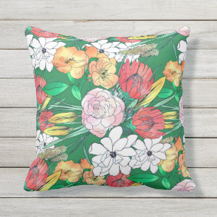 Colorful Hand Drawn Flowers Green Girly Design Outdoor Pillow