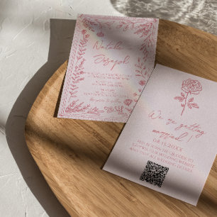 Colorful Hand Drawn QR Code Floral Garden Wedding Invitation