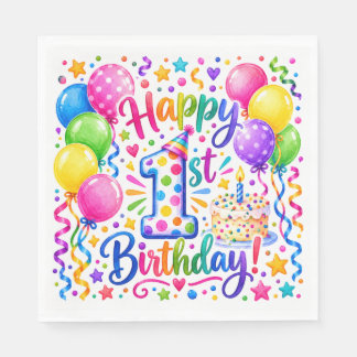 Colorful Happy 1st Birthday Balloons & Cake Party  Napkin