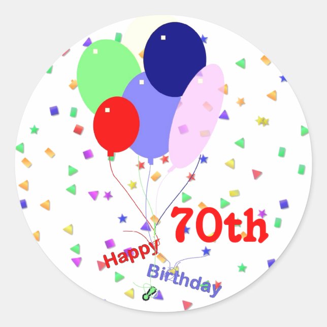 Colorful Happy 70th Birthday Balloons Classic Round Sticker (Front)