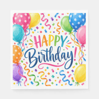 Colorful Happy Birthday Balloons & Confetti Party  Napkin