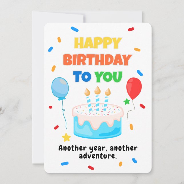 Colorful Happy Birthday Card with Balloons & Cake (Front)