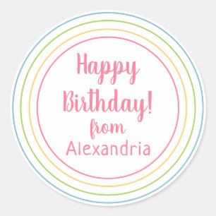 Colorful Happy Birthday from name Pastel Pink Classic Round Sticker