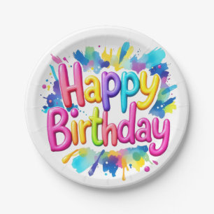 Colorful "Happy Birthday" Paint Splatter  Paper Plate
