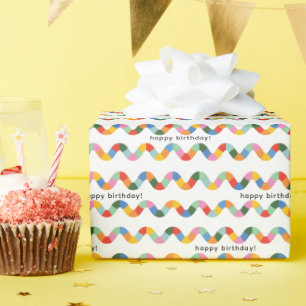 Colorful Happy Birthday Text Wavy Stripe Pattern Wrapping Paper