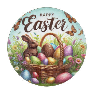 Colorful, Happy Easter basket with eggs Cutting Board