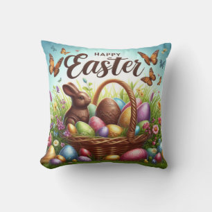 Colorful, Happy Easter basket with eggs Throw Pillow