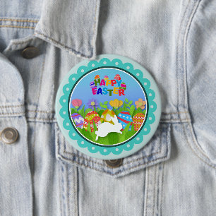 Colorful Happy Easter – Cute Bunny and Eggs 4 Inch Round Button