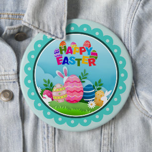 Colorful Happy Easter – Cute Bunny and Eggs 6 Inch Round Button