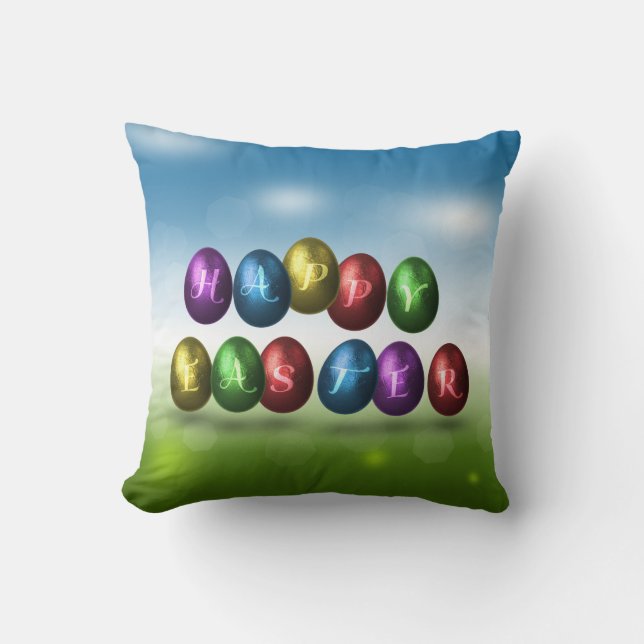 Colorful Happy Easter Eggs Throw Pillow (Front)
