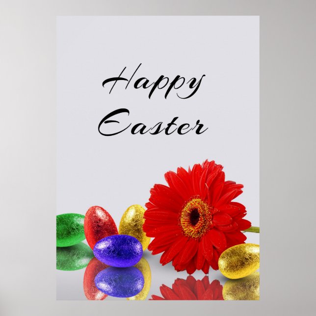 Colorful Happy Easter Eggs with Gerbera Poster (Front)