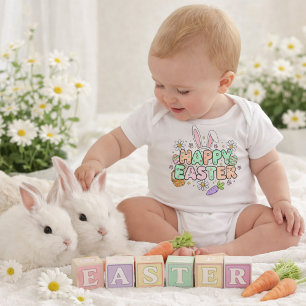 Colorful Happy Easter Illustration with Bunny Ears Baby Bodysuit