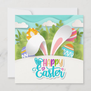 Colorful Happy Easter Party Bunny Ears and Egg Holiday Card