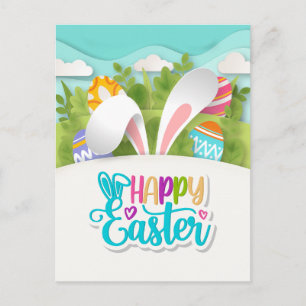 Colorful Happy Easter Party Bunny Ears and Egg Postcard