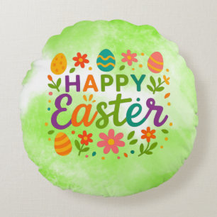 Colorful Happy Easter   Round Pillow