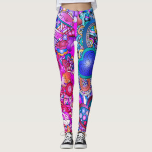 Colorful Hearts and Flowers Abstract Art Leggings