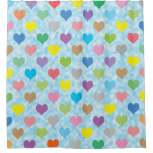 Colorful hearts on blue background shower curtain