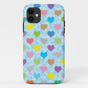 Colorful hearts pattern on blue background iPhone 11 case