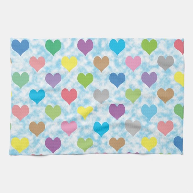 Colorful hearts pattern on blue background kitchen towel (Horizontal)