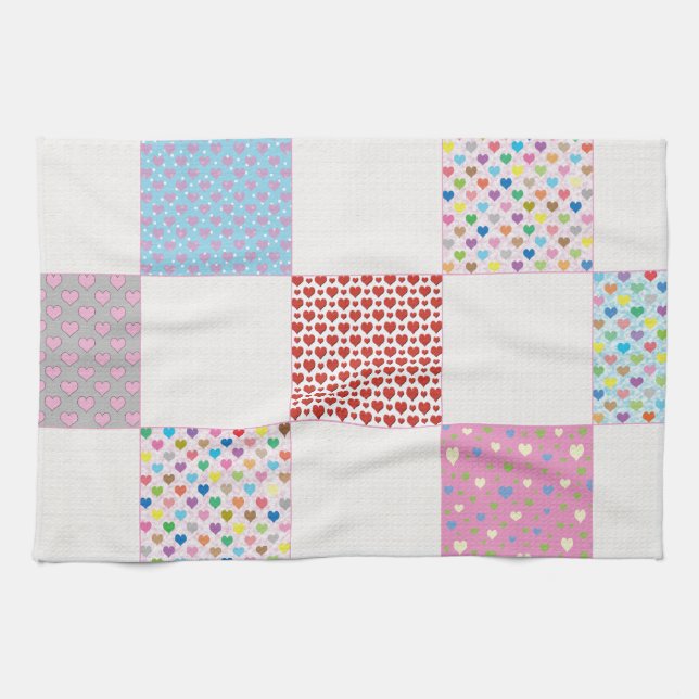 Colorful hearts quilt pattern kitchen towel (Horizontal)