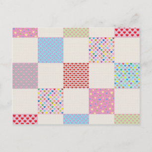 Colorful hearts quilt pattern postcard