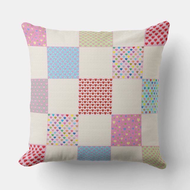 Colorful hearts quilt pattern throw pillow (Front)