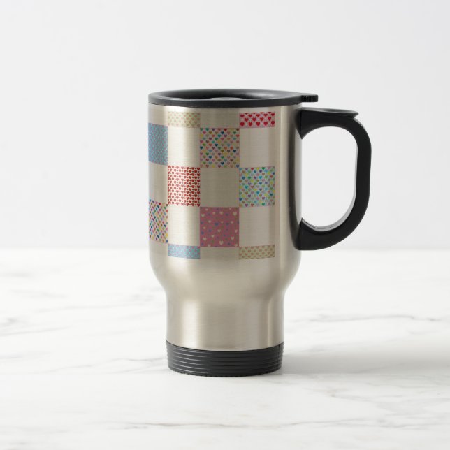 Colorful hearts quilt pattern travel mug (Right)