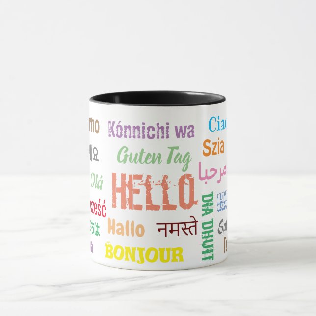 Colorful hello in different languages mug (Center)