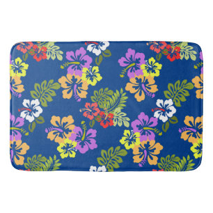 Colorful Hibiscus Flowers Pattern in Blue Bath Mat