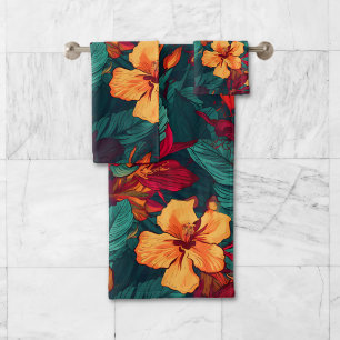 Colorful Hibiscus, Yellow Orange Green Floral Bath Towel Set