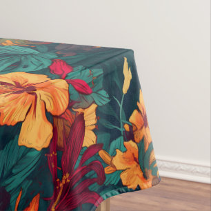 Colorful Hibiscus, Yellow Orange Green Floral Tablecloth