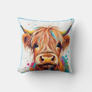 Colorful Highland Cow Calf Throw Pillow