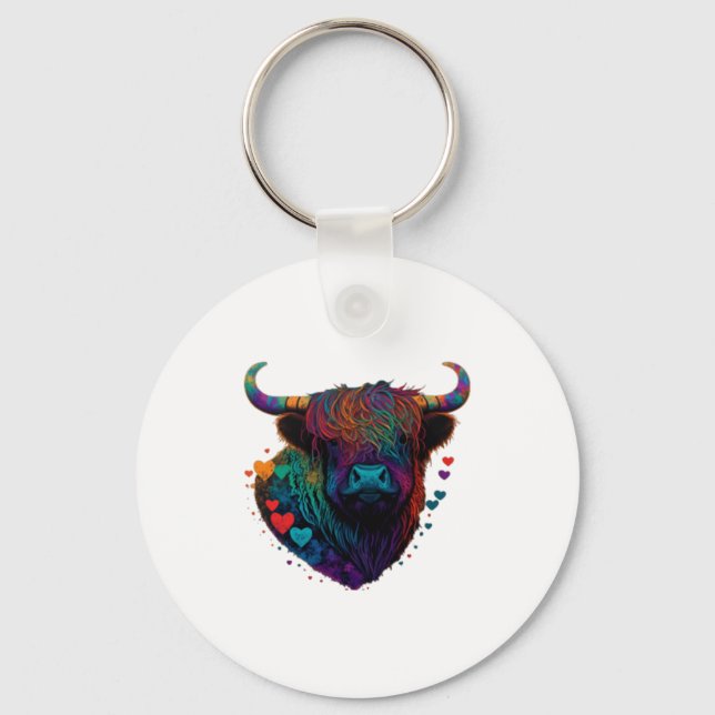Colorful Highland Cow Valentines Day Farm Cow 1  Keychain (Front)