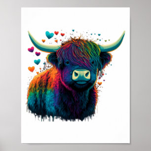 Colorful Highland Cow Valentines Day Farm Cow  Poster