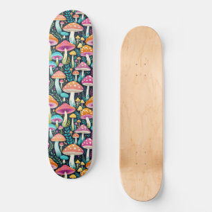 Colorful Hippie Mushrooms Floral In Pinks And Blue Skateboard