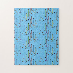 Colorful Hockey Sticks Blue Background Jigsaw Puzzle