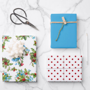 Colorful Holly, Forget-me-Nots and Polka Dots Wrapping Paper Sheet
