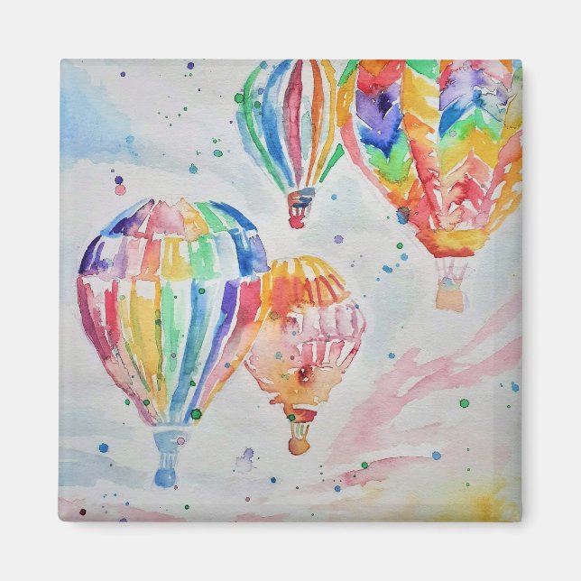 Colorful Hot Air Balloon Watercolor Art Design Magnet (Front)