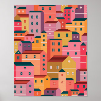 Colorful houses pattern in flat design style poster