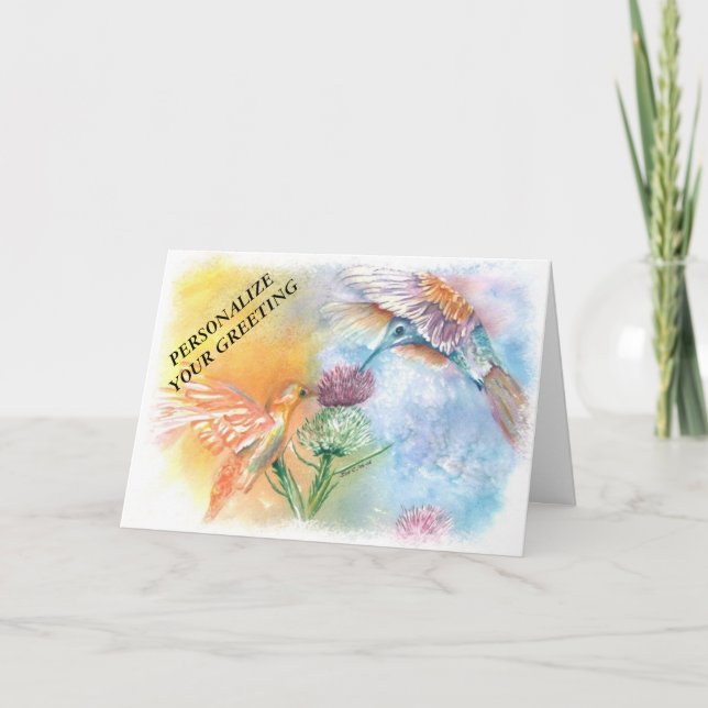COLORFUL HUMMING BIRDS CUSTOMIZABLE GREETING CARD (Front)